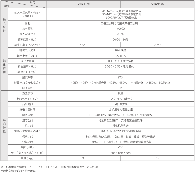 科华ups YTR3120技术参数